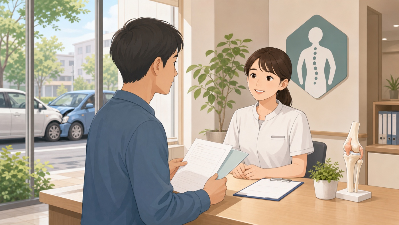 交通事故後に整形外科の受付で自賠責保険の通院手続きを相談する様子