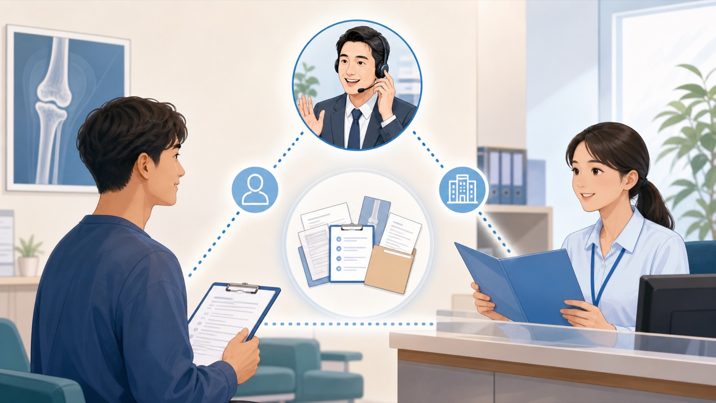 患者、保険会社、整形外科が連携して必要書類を確認する様子