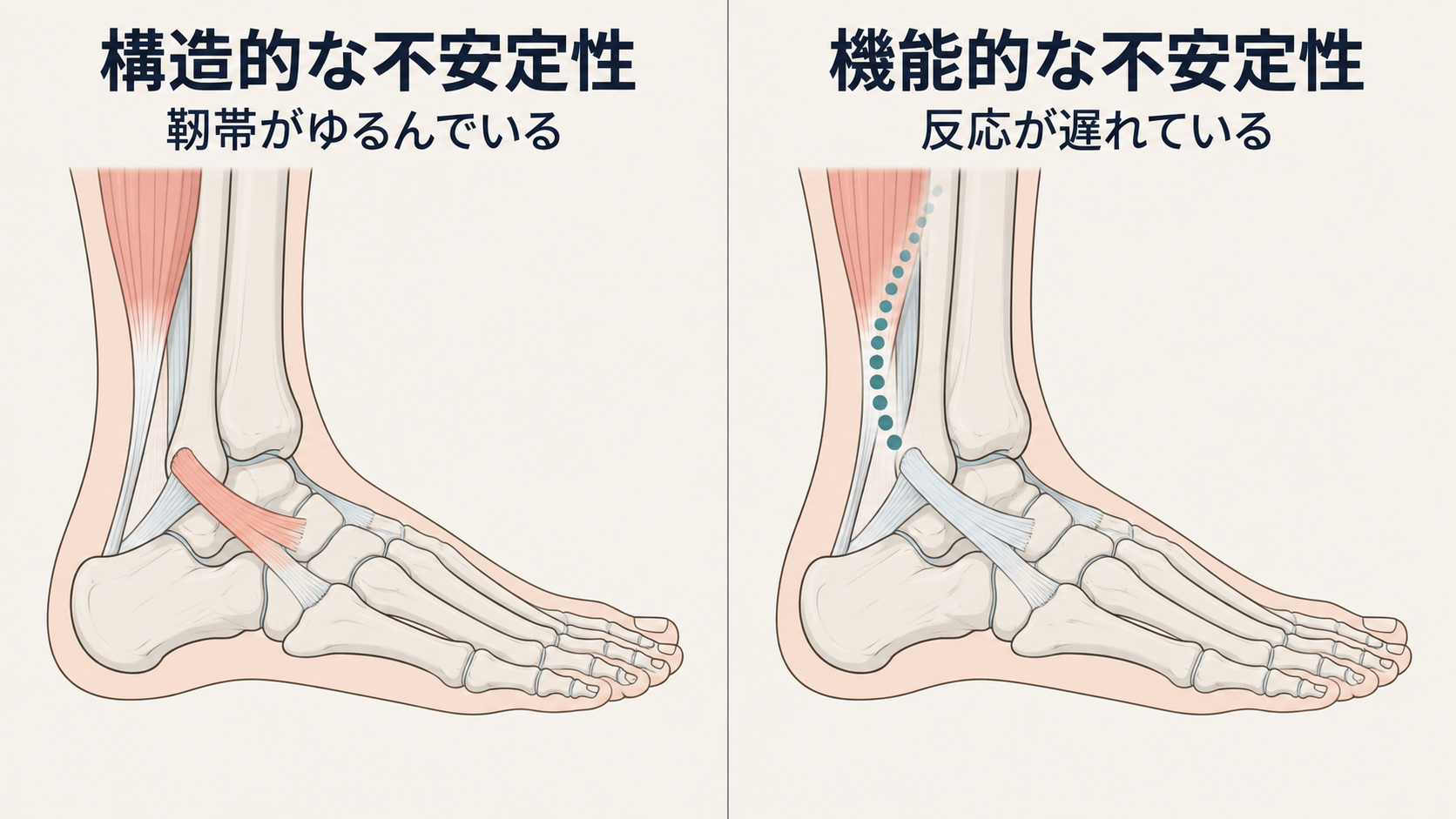 足首の不安定性の2つの原因を左右で比較した図。左は靭帯がゆるんだ状態、右は神経と筋肉の反応が遅れている状態