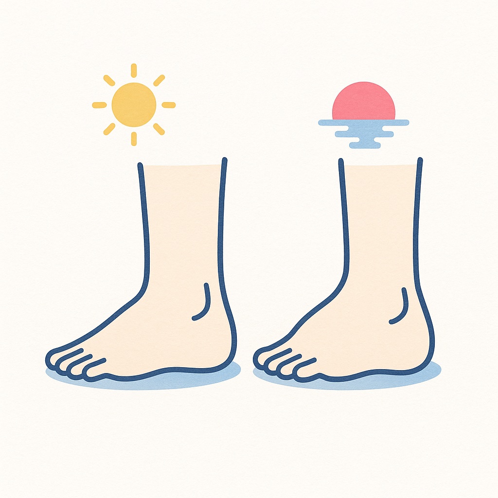 朝と夕方で足首の腫れを比べるイラスト