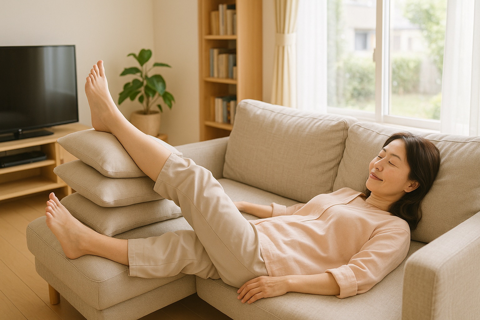 ソファに横になり、重ねたクッションの上に足をのせて、足首を心臓より高い位置にして休んでいる女性