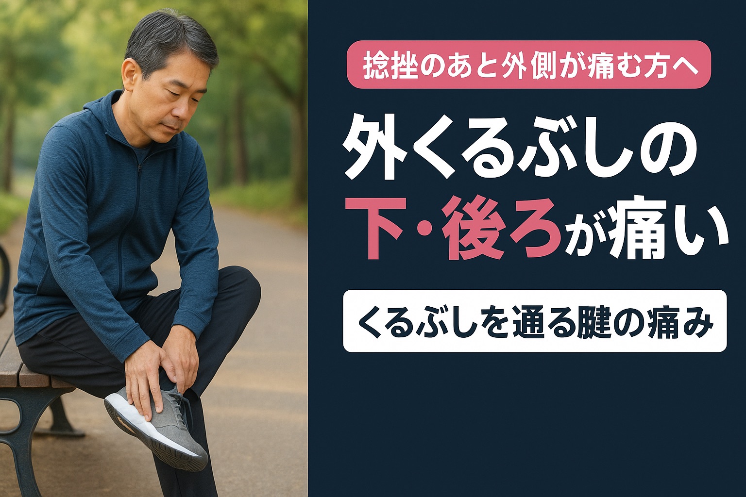 外くるぶしの下・後ろが痛い ― くるぶしを通る腱の痛み（公園のベンチで足首の外側を気にする男性）