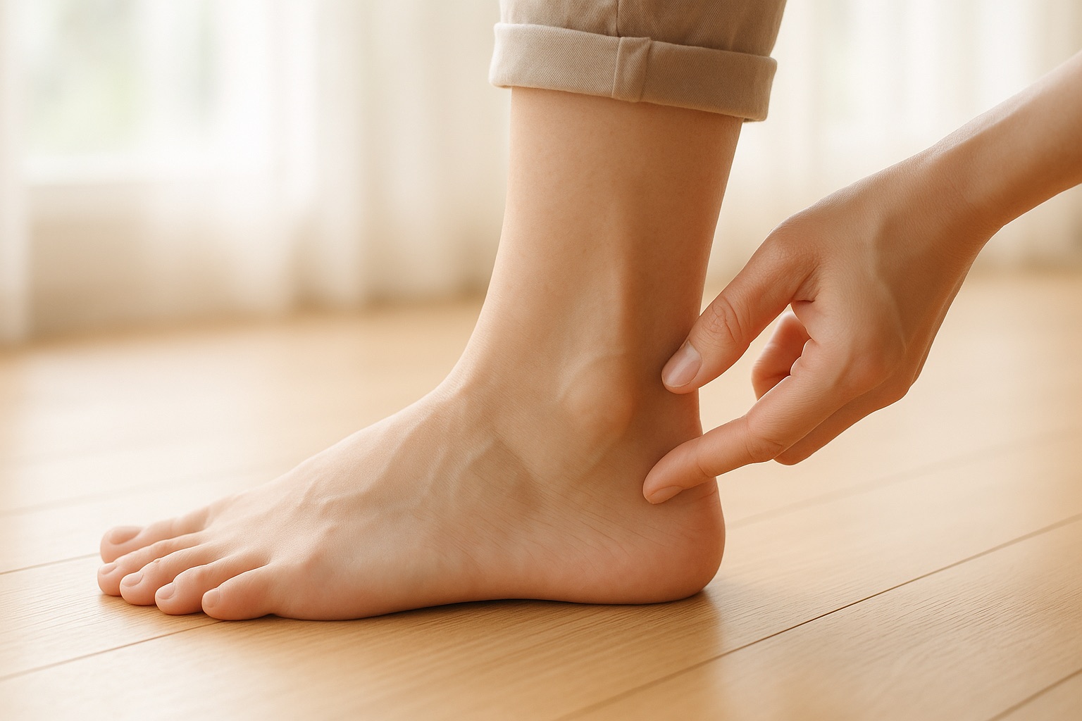 外くるぶしのすぐ後ろから下のあたりに指を当てて、痛む場所を確かめている足首と手元