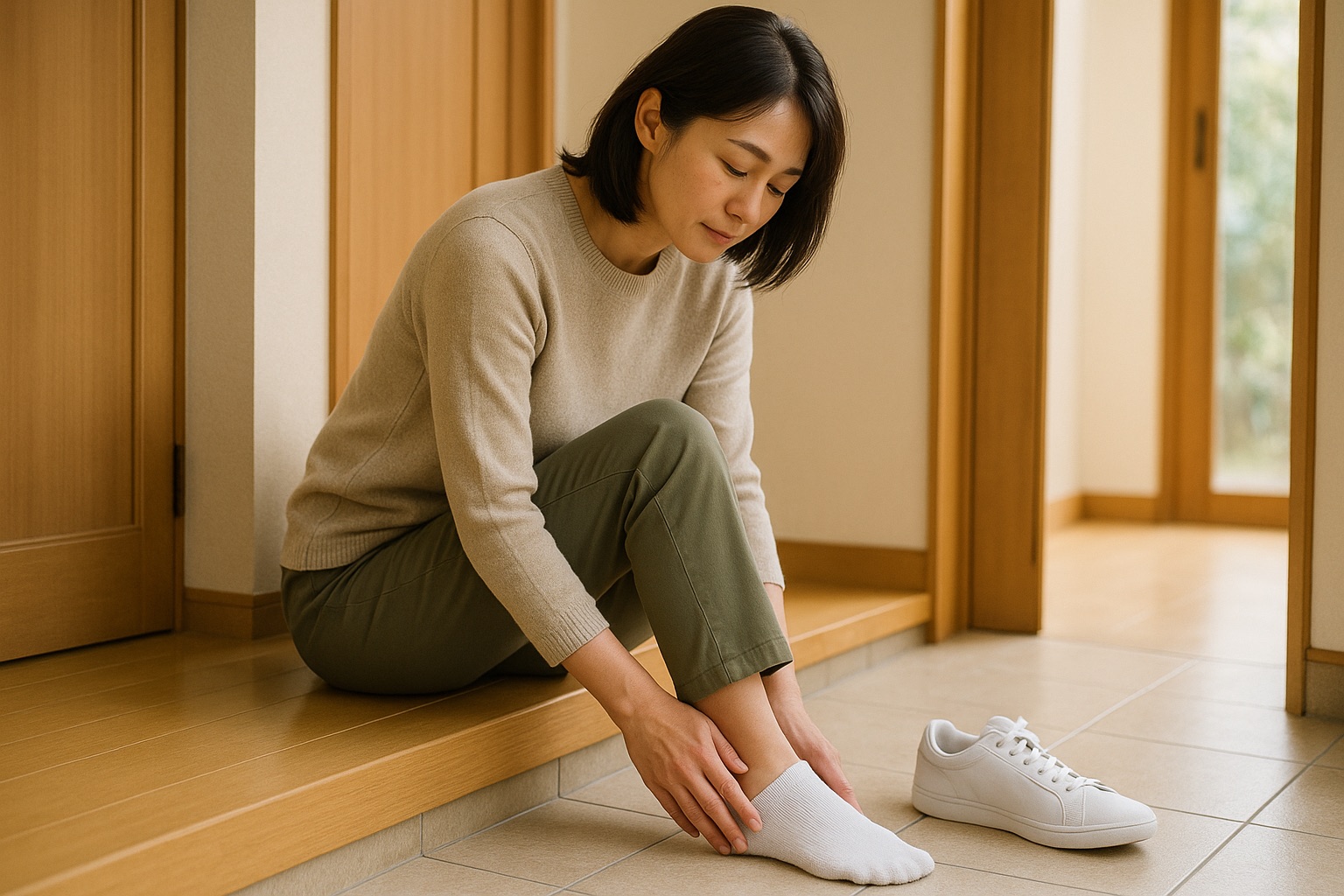 玄関に腰かけ、靴を履く前に足の外側に手を当てて気にしている女性