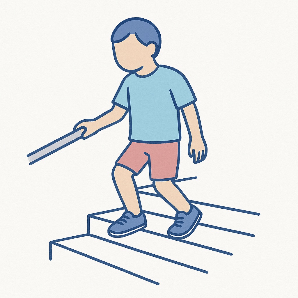 階段を下りてくる人のイラスト。上の段に残した足のひざと足首が深く曲がっている