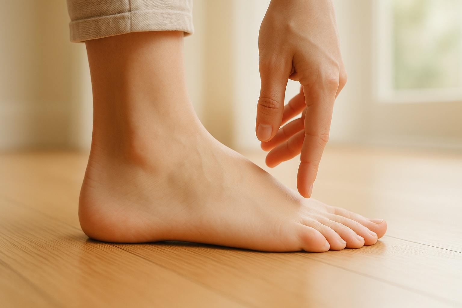 足の小指側のふちの中ほどにある骨の出っぱりに、指を当てて確かめている足と手元
