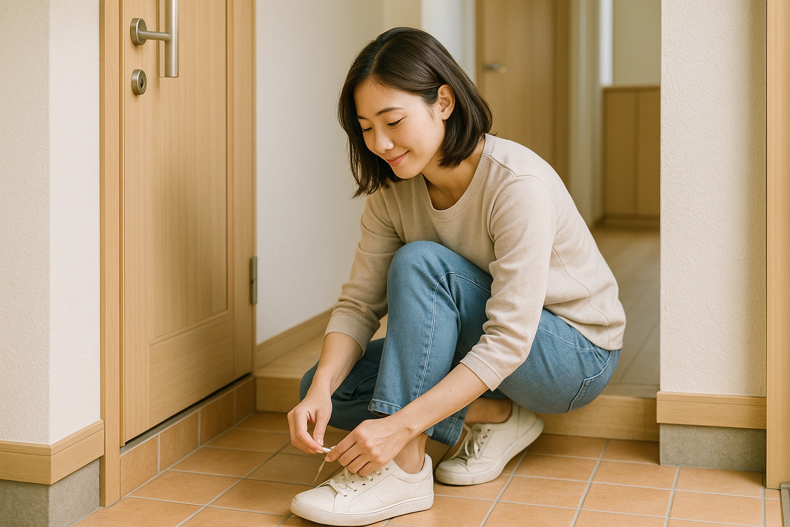 玄関で深くしゃがみ、靴ひもを結んでいる女性。足首が深く曲がっている